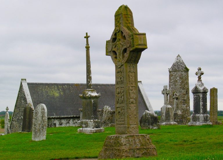 Celtic crosses at Clonmacnoise on the Shannon River.
