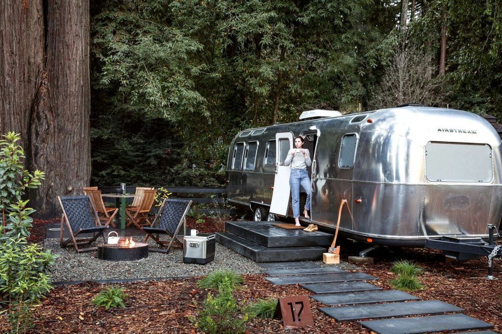 Airstream trailers and tents by the Russian River in the California Wine Country